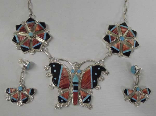 Zuni Butterfly Necklace & Earrings by E. Martinez: Native American Zuni Sterling Silver Butterfly Necklace & Earrings Set by Eldred Martinez. Necklace measures approx. 21'', butterfly pendant measures approx. 2 1/2'' x 2'', earrings measure approx. 1 