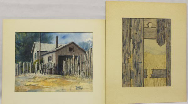 Original Watercolors - Robert Bowman: 2/Watercolors on paper, Robert Bowman, deceased artist. 1. Farmhouse and barn with weathered fence, measures 12 1/2'' x 9 1/2'', signed on artist paper 2. Detail of broken fence, framing golden wheat 