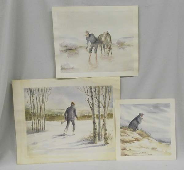 Original Watercolors - Robert Bowman: 3/Watercolors, Robert Bowman, Artist 1. Seascape with figure on windy sand dune, measures 8 1/2'' x 8 1/2'', on artist paper, unsigned. 2. Cowboy and his horse wading in a stream, measures 9 1/2'' x 1