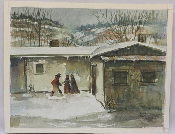 Original Native American Watercolor - Bowman: Native American Theme, Watercolor, Robert Bowman, Deceased Artist. Male Indian figure greeting 2 women in front of house. Snow covered roof with bare winter trees in background. Measures 13'' x 17'' o