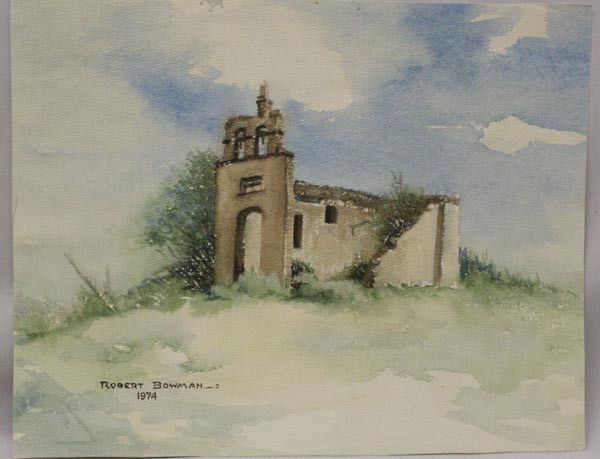 Original Watercolor Mission Church - Bowman: Original watercolor, mission church Robert Bowman, Deceased Artist. Crumbling mission church with weeds growing on the walls, measures 11'' x 14'' on artist paper, signed and dated 1974. Buyer pays ac