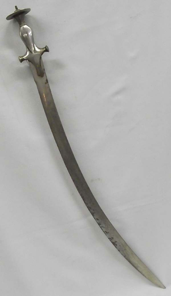 Vintage Sword From India: AGE: Vintage ETHNICITY: India DESCRIPTION: Vintage sword, metal handle. Sword has rust and dents on the blade. No markings that I can see. SIZE: Measures approx. 29 1/3'' end to end. Hand grip measure