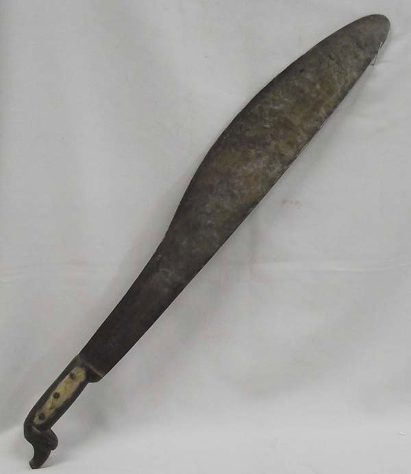 Vintage Machete With Unusual Bone Handle: DESCRIPTION: Vintage Machete with Bone handle. Handle on the end has some damage. On the side of the blade initials ''HS''. SIZE: Measures approx. 27 1/2'' end to end. Buyer pays actual shipping and h