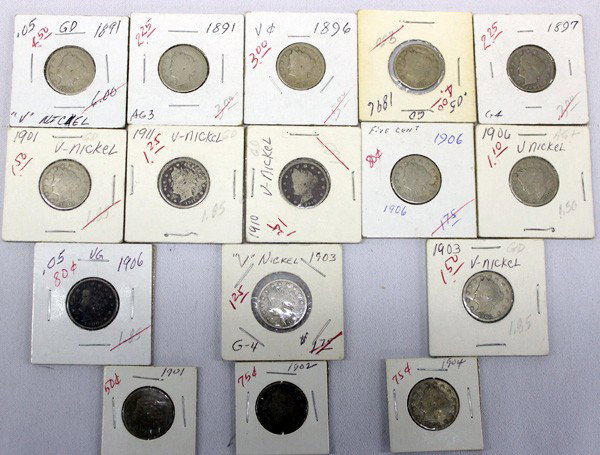 16 V Nickels: 16 V Nickels. 2-1891, 2-1896, 1897, 2-1901, 1902, 2-1903, 1904, 3-1906, 1910, 1911. In our opinion in good condition. Buyer pays actual shipping and handling charges. (see terms and conditions for mor