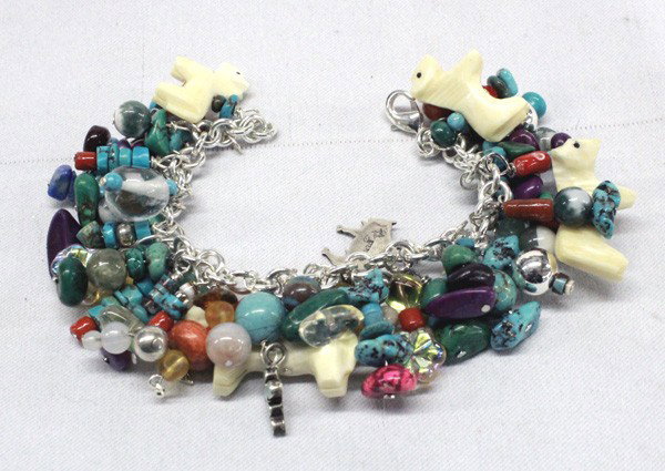 Tamollies Western Style Sterling Charm Bracelet: DESCRIPTION: Bracelet by noted artist, Tamollies. Some sterling silver charms; also includes coral, amber, magenta, green and blue turquoise and other stones. SIZE: The largest horse charm is 1-3/8'' 