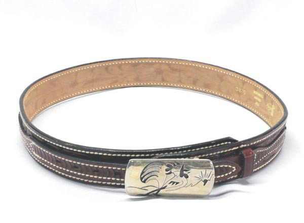 Sterling Silver Rooster Belt Buckle & Belt: DESCRIPTION: Western ''Justin'' Cowhide leather belt with sterling silver overlay rooster belt buckle. Belt buckle has Hallmark. Crowing Rooster and rising sun on belt buckle. SIZE: Leather belt is 30