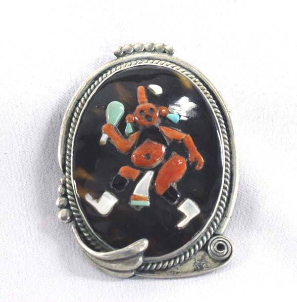 Vintage Zuni Sterling Mudhead Bolo Slide-A R Pinto: AGE: Vintage PUEBLO: Zuni ETHNICITY: Native American DESCRIPTION: Bold sterling silver slide with a Mudhead figure of overlay coral, turquoise, MOP. Stamped on the back with the artist's hallmark, ''A