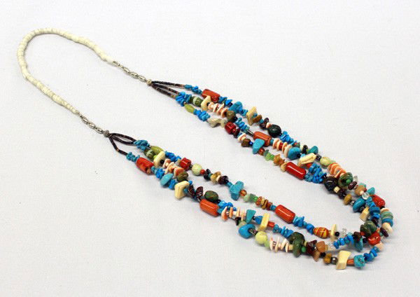 Navajo 3 Strand Treasure Necklace: PUEBLO: Navajo ETHNICITY: Native American DESCRIPTION: 3 strands of semi-precious stone nuggets, sterling silver hollow beads and shell, including green and blue turquoise, serpentine, tortoise shell,