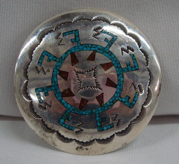 Navajo Turquoise Coral Pendant Pin - Bencenti: ETHNICITY: Native American DESCRIPTION: Artist Benjamin Becenti. This beautiful piece can be worn as a pin or a pendant. The necklace has beautiful chip inlay with turquoise and coral stones. SIZE: 2.
