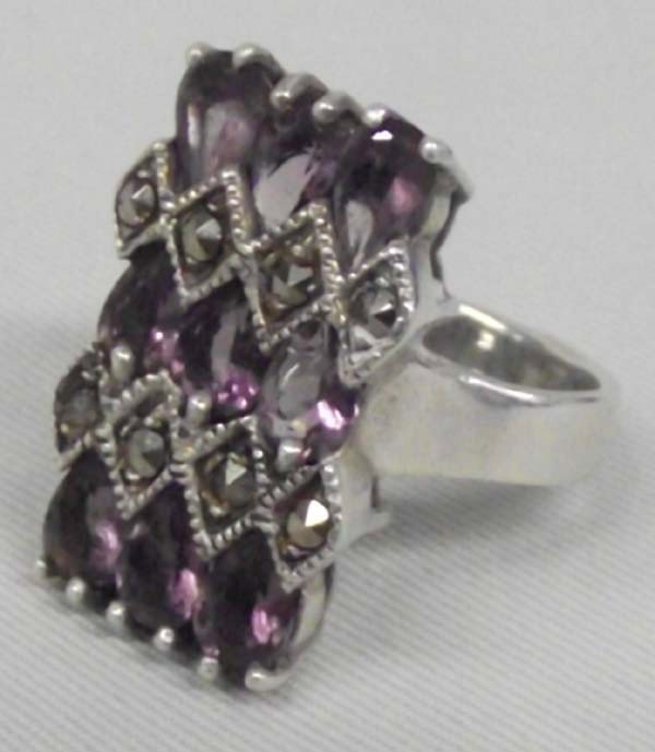 Amethyst, Marcasite & Sterling Silver Ring - Art Deco: DESCRIPTION: Gorgeous Amethyst Marcasite Sterling Silver Art Deco Estate Jewelry Ring. SIZE: Size 8, stamped ''925''. Face of the ring measures approx. 3/4''L x 1/2''W.