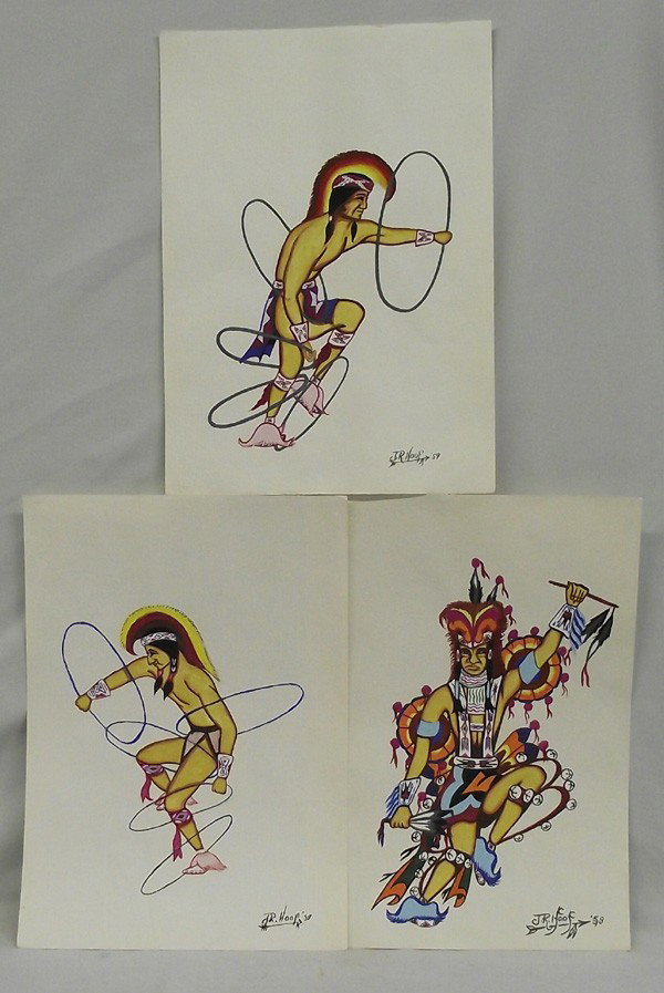 1959 Original Paintings - J.R. Hoof: AGE: 1959 ETHNICITY: Native American DESCRIPTION: Nice colorful artwork, three original paintings of Indian dancers by J.R. Hoof. On artist paper SIZE: Measure approx. 14.5''H x 10.5''W.