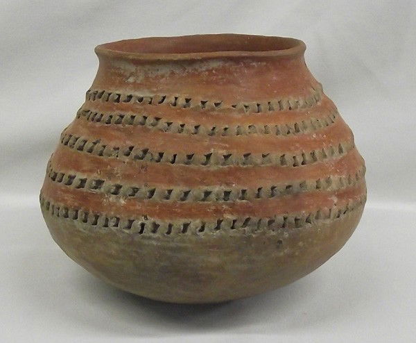 Prehistoric Casas Grandes Playas Redware Bowl: DATE: PUEBLO: ETHNICITY: DESCRIPTION: As Found condition. Has not been cleaned. Prehistoric Classic Casas Grandes Playas Redware Bowl, tooled punch pattern, has 5 textured (indented) lines running par