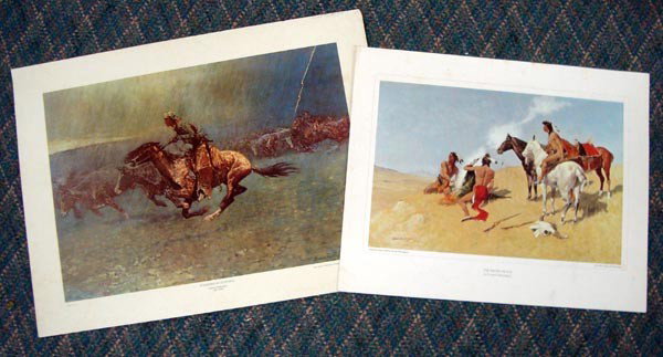 Frederic Remington Prints: Two Prints-Frederic Remington. 1) ''The Smoke Signal'' Amon Carter Museum, Fort Worth, Texas. some smearing mostly around the matting. 11''H x 17''W. 2) ''Stampeded by Lightning'' AA.INC. Printed in t
