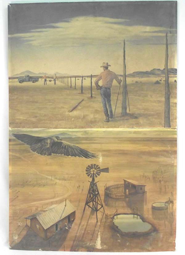 2 Peter Hurd Cowboy Prints On Board: 2 Peter Hurd Prints. Visual measures approx. 13 3/4''H x 19 1/2''W. Titled: ''The Fence Builder'' and the other is an aerial scene looking down on Barn, wind mill and water hole. Both signed in the lo