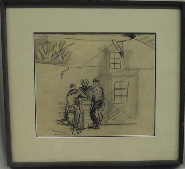 Charcoal Drawing ''Office Lumber Camp'' - Sprinchorn: Early 1900s Charcoal Drawing ''Office Lumber Camp'' - Sprinchorn. Matted, in a wood frame, under glass. An original charcoal by deceased artist, Carl Sprinchorn. The visual measures 10.75''x13''. Sign