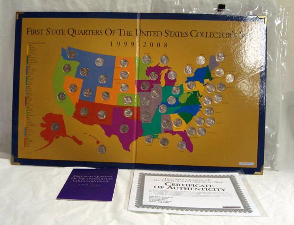 First State Quarters of the U.S. Map Collection: First State Quarters of the U.S. Map and Coins, 1999-2008. All 50 quarters on the inside map. Certificate of Authenticity NO: 0073519 and guide book included. Plastic envelope included for the booklet