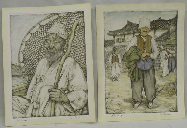 Willy Seiler Hand-Colored Etchings - Japanese: Willy Seiler Hand-Colored Etchings - Japanese. Two hand-colored etchings by noted artist Willy Seiler, entitled ''Fisherman'' and ''After Work'', circa 1950. They are both signed, visual measures 11''