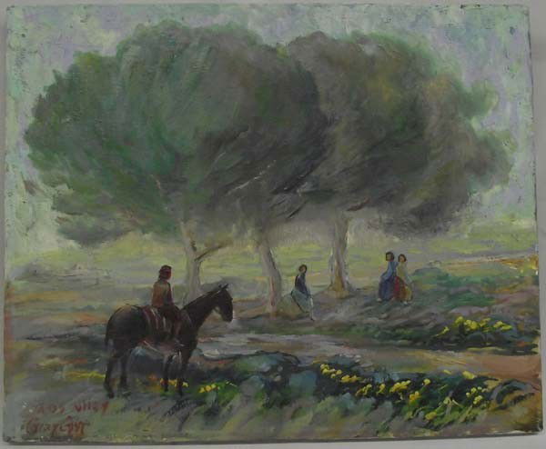 Original Oil Painting - ''Taos Valley'' - Gary Gist: Original Oil Painting - ''Taos Valley'' - Gary Gist. Peaceful rural scene of boy on horseback talking to the girls across the creek. Signed on lower left corner, ''Taos Valley Gary Gist.'' Measures 16