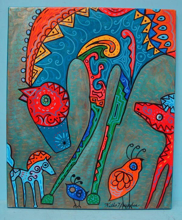 Original Art-Kills Thunder, ''My Little Baby'': Original Acrylic Painting-Kills Thunder, ''My Little Baby''. The mare looks to her foal as the quail look on. Painted in the artist's style of bright and vivid colors on canvas, it is bold and beautif