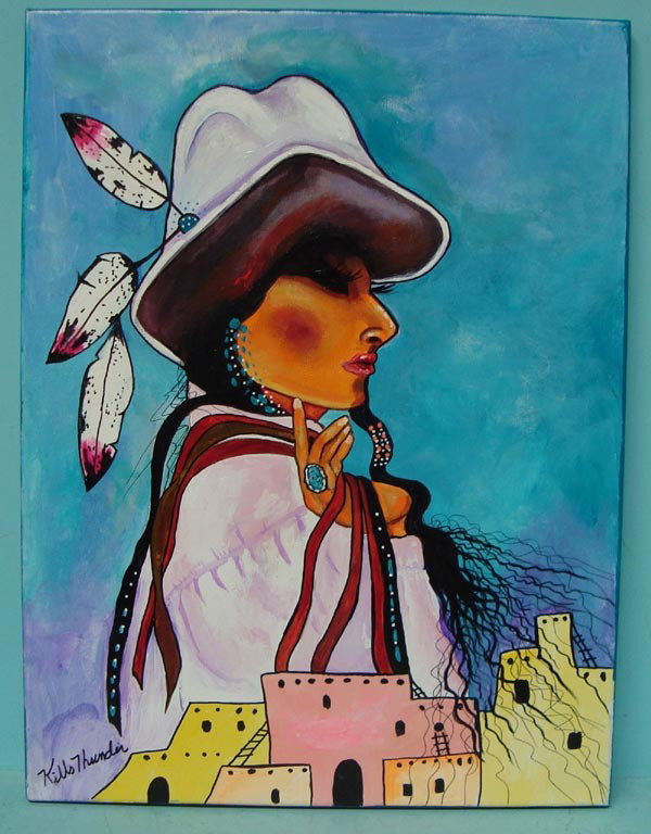 Original Painting-Kills Thunder ''Navajo Princess'': Original Acrylic Painting-Kills Thunder, ''Navajo Princess''. This beautiful Navajo woman is the Princess of the Pueblo. Painted in the artist's style of bright and vivid colors on canvas, it is bold 