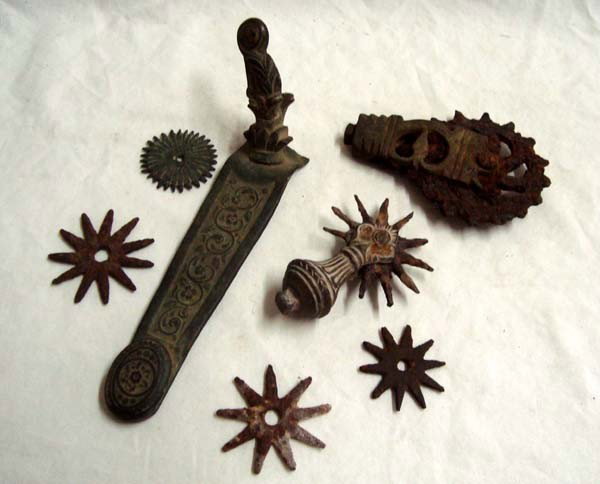 Collection Antique Mexican/Spanish Spur Parts: Collection Antique Mexican/Spanish Spur Parts. Five rowels plus. Longest piece measures approx. 5 1/2'' end to end.