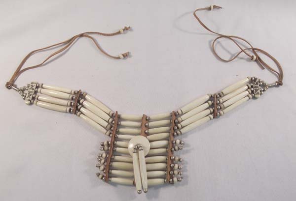 Sioux Hare Bone Sterling Silver Choker: Native American Sioux Bonepipe Sterling Silver Leather Choker Necklace, silver bead accents, measures approx. 30.5''L x 3.25''W.