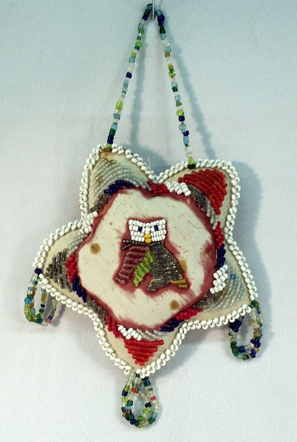 1900's Iroquois Whimsical Owl Pin Cushion Beadwork: 1900's Native American Iroquois Whimsical Beadwork. Measures approx. 5'' x 5''.