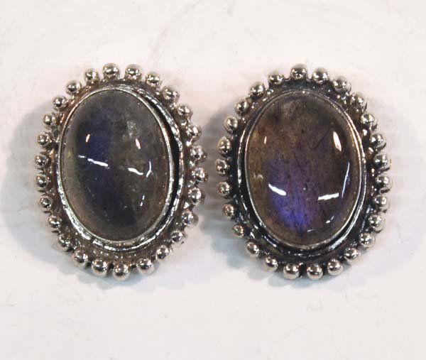 Earrings, Sterling Silver & Labradorite Cabochons: Earrings, Sterling Silver & Labradorite Cabochons. Bezel set Labradorite cabochons, with beaded edging, post style.
