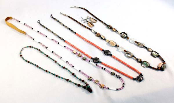 Western Collection Turquoise Heishi Necklaces: Collection Southwest Turquoise Heishi Necklaces. Nice group of 7 necklaces and one pair of earrings. One necklace is abalone and heishi and has a matching pair of earrings. The other necklaces include