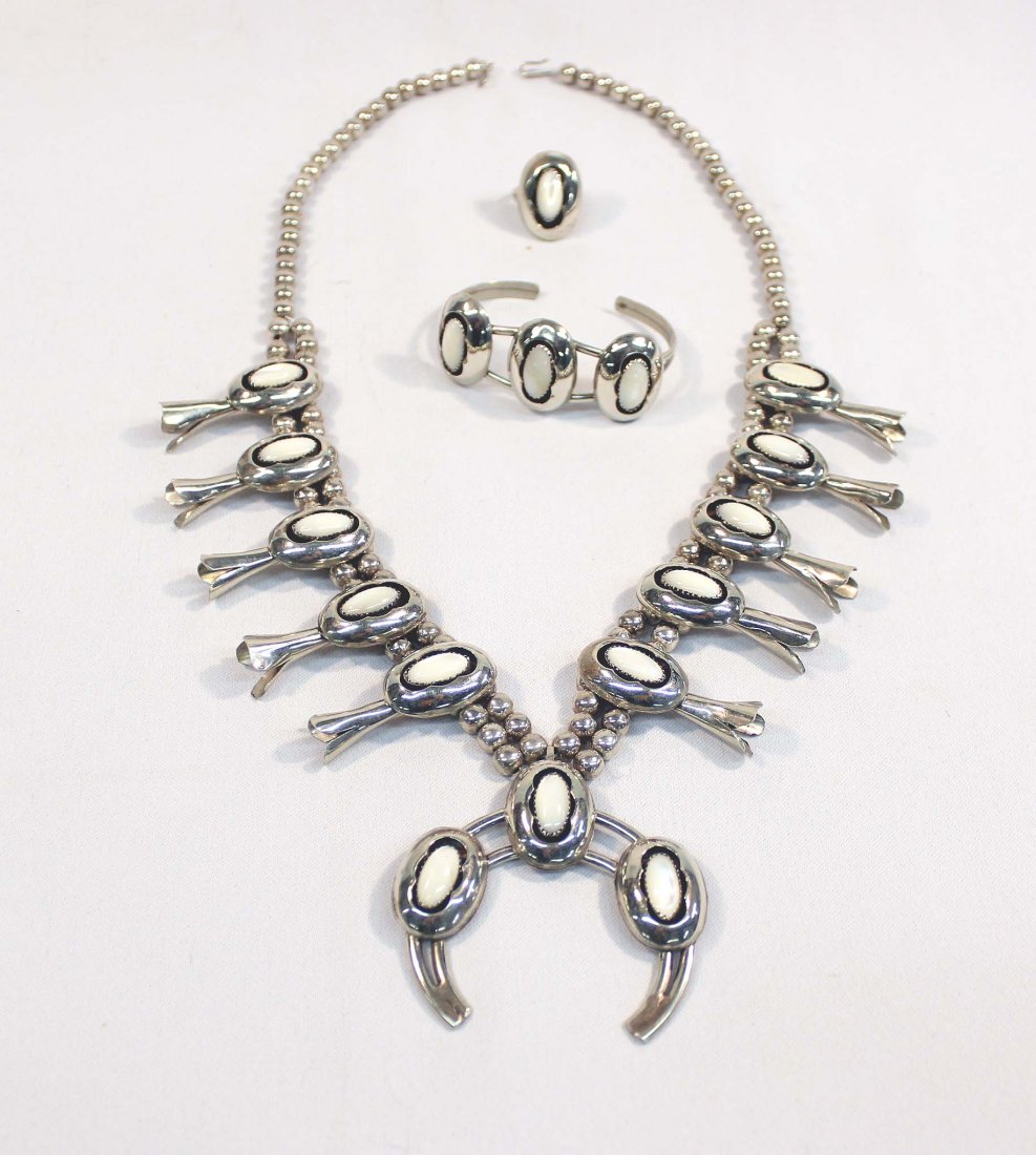 Navajo Squash Blossom Necklace,Ring,Earrings Set: Native American Navajo Squash Blossom Necklace, Ring, Earrings Set. This set is German silver shadow box setting of Mother of Pearl. The bracelet is 6.25'' inside including opening x 1'' wide. The rin