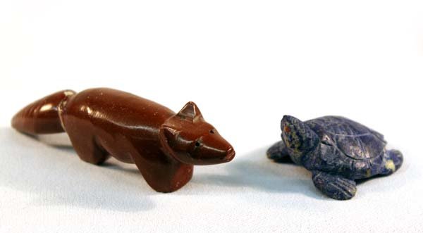 Zuni Lapis Lazuli Turtle & Pipestone Fox Fetish: Native American Zuni Lapis Lazuli Turtle Fetish & Pipestone Fox. This cute little turtle has coral inset eyes and measures 1.25''Lx1.25''Wx5/8''H. The pipestone fox had an accident and his tail has be