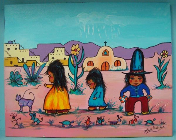 Original Painting "Pueblo Children" - Kills Thunder: Original Kills Thunder Painting ''Pueblo Children''. Acrylic on canvas, measures approx. 16''H x 20''W. Lovely colors.