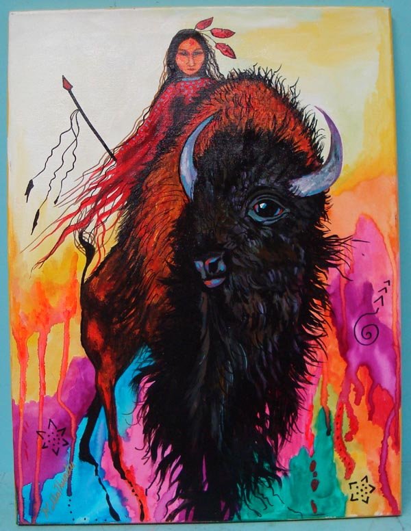 Original Painting-Kills Thunder ''Buffalo Journey'': Original Acrylic Painting-Kills Thunder. ''Buffalo Journey'' 24''H x 18''W. Warrior riding the magnificent bison of the plains. Signed and dated by artist on frame and front. Acrylic on canvas. Painte