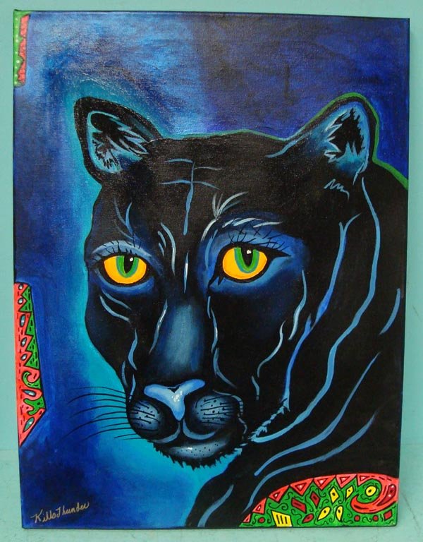 Original Painting-Kills Thunder: Original Acrylic on Canvas Painting-Kills Thunder. ''Queen of the Jungle'' Black Panther with golden eyes stares at the viewer. 24''H x 18''W. Signed and dated by artist on frame and front. Painted wi