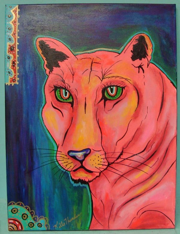 Original Acrylic Painting on Canvas-Kills Thunder: Original Acrylic Painting on Canvas-Kills Thunder. ''My Pink Panther'' Pink Panther with green eyes stares at the viewer. 24''H x 18''W. Signed and dated by artist on frame and front. Painted with the