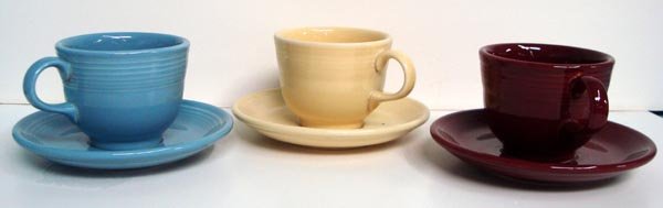 Six Fiesta Ware Lead Free Cups & Matching Saucers: Six Fiesta Ware Lead Free Cups & Matching Saucers. Yellow, Blue and Brown. Homer Laughlin China Company, USA. Saucers approx 6'' diameter. No nicks or chips.