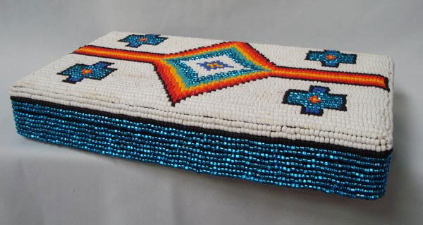 Original Beaded Jewelry Box-Kills Thunder: Original Beaded Jewelry Box-Kills Thunder. Diamond and cross designs on top red velvet lined. Ring holder and space for other nice jewelry. Approx. 2''H x 11''L x 6''W.