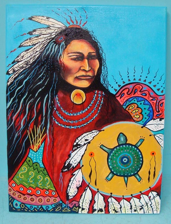 Original Acrylic Painting on Canvas-Kills Thunder: Original Acrylic Painting on Canvas-Kills Thunder. ''Lone Wolf Warrior''. Warrior with shield and turtle totem. 24''H x 18''W. Signed and dated by artist on frame and in front. Painted with the vibran