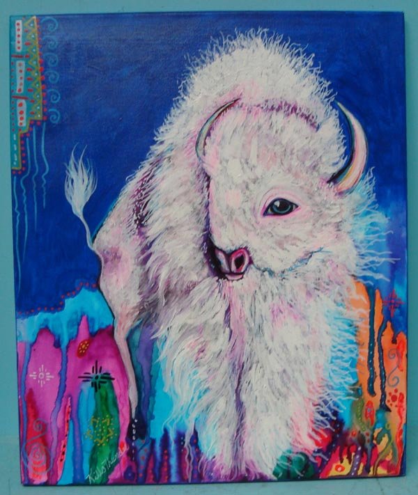 Original Acrylic Painting on Canvas-Kills Thunder: Original Acrylic Painting on Canvas-Kills Thunder. ''White Buffalo Spirit''. The sacred white buffalo of the plains. 24''H x 20''W. Signed and dated by artist on frame and in front. Painted with the v