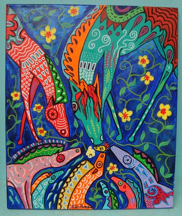 Original Acrylic Painting on Canvas-Kills Thunder: Original Acrylic Painting on Canvas-Kills Thunder. ''My Little Birdie''. A tiny bird is a curiosity to the herd of horses. 24''H x 20''W. Signed and dated by artist on frame and in front. Painted with