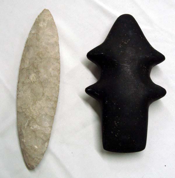 Large Stone Spearpoint & Mace Spiro Club: Large Stone Spearpoint & Mace Spiro Club. Age & Origin Unknown. Spearhead measures approx. 9'' L x 2.25''W.
