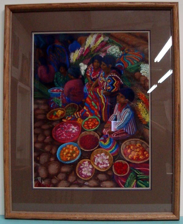1998 Original Pastel By Leslie Snow: 1998 Original Pastel By Leslie Snow. ''Market at San Juan Sacatepequez, Guatemala''. Framed in a wood frame double matted, under glass. Very colorful. Visual measures approx. 16''H x 12''W. On the bac