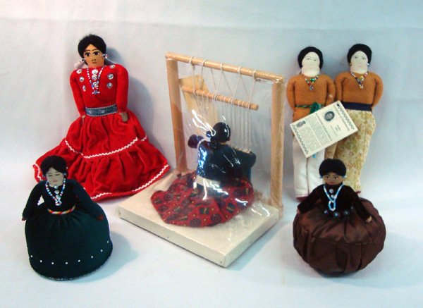 6 Navajo Hand Made Dolls: 6 Navajo Hand Made Dolls. Some have certificate of authenticity with artist name. 2 are Nora Nez, 2 are pin cushion dolls, 1 weaver doll measures approx. 7'' x 6'' x 7 3/4''.
