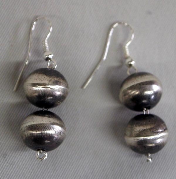 Navajo Sterling Hollow Bead Earrings - V. Tso: Native American Navajo Sterling Silver Hollow Bead Earrings - Virginia Tso. Measures approx. 1 1/4'' long. Matches necklace Lot #1055A.