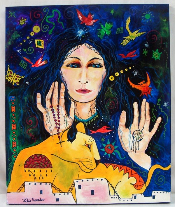 Original Acrylic on Canvas Painting-Kills Thunder: Original Acrylic on Canvas Painting-Kills Thunder. The cat woman is spiritual looking done in the typical bright and bold style of the artist. 24''H x 20''W.