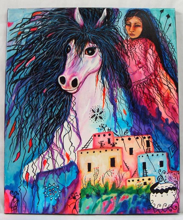 Original Acrylic on Canvas Painting-Kills Thunder: Kills Thunder Original Acrylic on Canvas-Kills Thunder. ''The Long Ride'' is done in the bright and bold style traditional to the artist. Signed and dated, 24''H x 20''W, this is a wonderful piece.