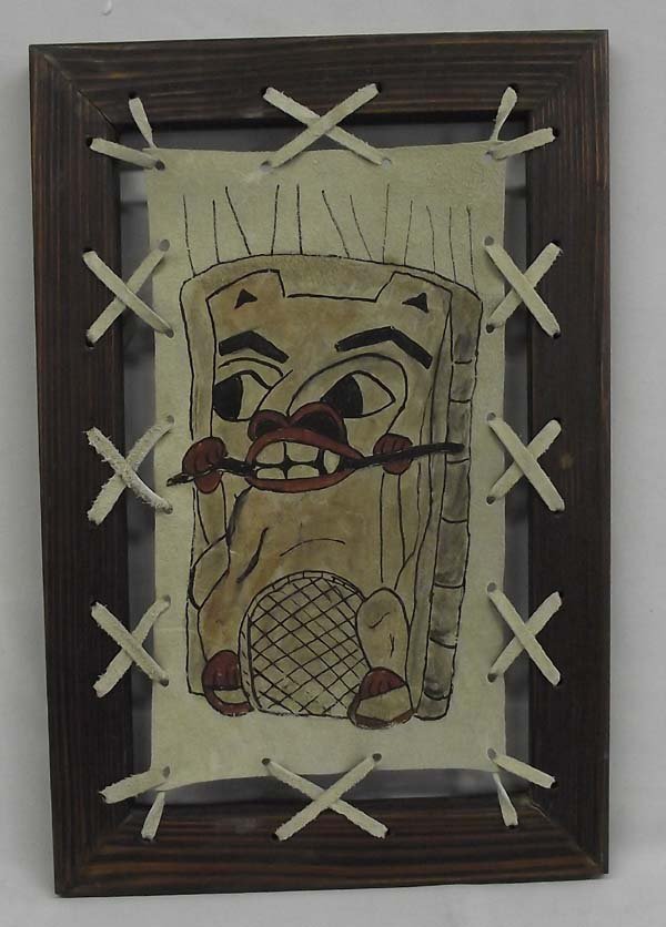 Northwest Coast Hide Painting: Northwest Coast Hide Painting. Painting on hide and strung on wood frame. On the back says: ''Haida Headdress'' Telling about the design, is supposed to be a Beaver. By E. Springer of Anchorage Alaska