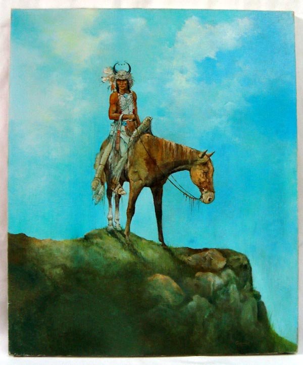 1976 Oil Painting of Indian Hunter-Patrick Gorman: 1976 Oil Painting of Indian Hunter-Patrick Gorman. Painted on stretched canvas. On the back is a message written to the recipients of this artwork, from the artist, Patrick Gorman. Signed on the front