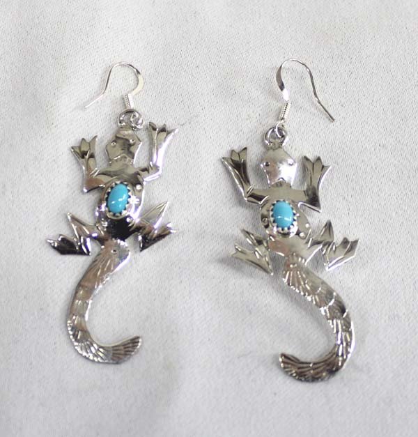Navajo Sterling Silver Lizard Earrings - Yazzie: Native American Navajo Sterling Silver Turquoise Lizard Earrings by artist Louise Yazzie, measures 2 x 1''. These are pierced earrings.