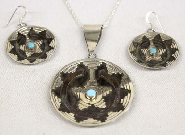 Navajo Sterling Turquoise Necklace & Earrings Set: Native American Navajo Silver Turquoise Basket Design Necklace and Earrings Set, hallmarked ''M'', unusual design, small turquoise cabochon in middle of pendant, chain measures approx. 24'' end to end
